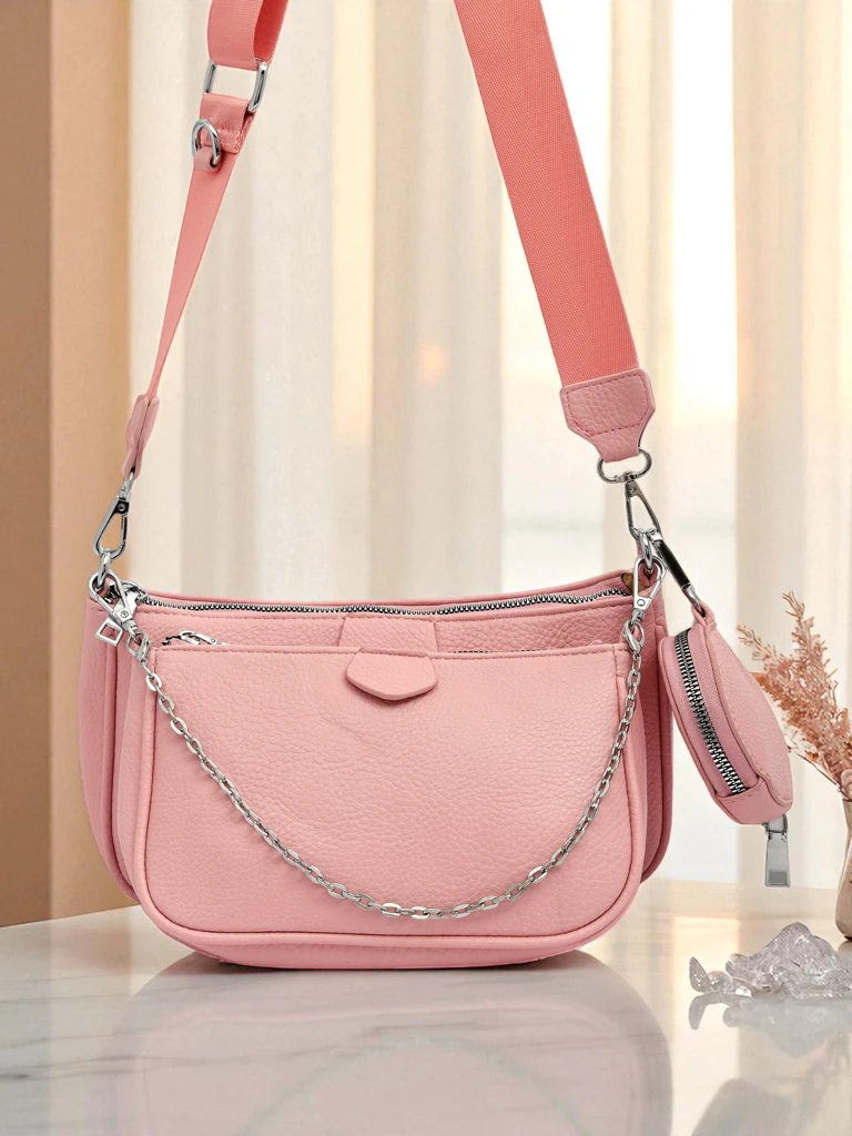 Дамска чанта Amara Rosa – розова чанта през рамо от еко кожа с верижка