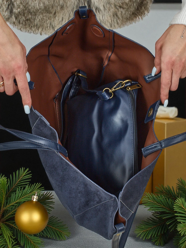 Дамска чанта shopper еко велурена с по-малка еко кожена в комплект 2в1 Elinea