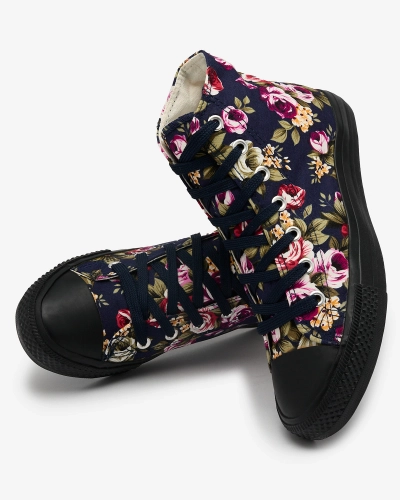 Royalfashion Дамски високи маратонки в тъмносиньо с цветни цветя Soxic