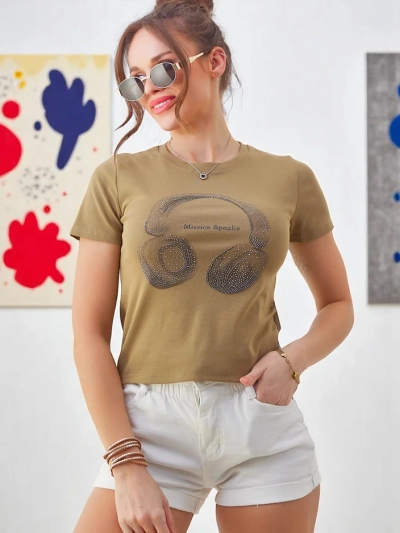 Роялфешън женска памучна тениска с печат Music Speaking