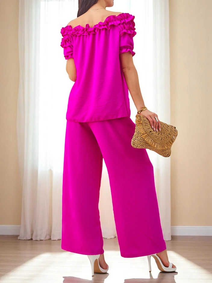Royalfashion Женски комплект с блуза с открито рамо и къси ръкави и декоративно деколте и широки панталони