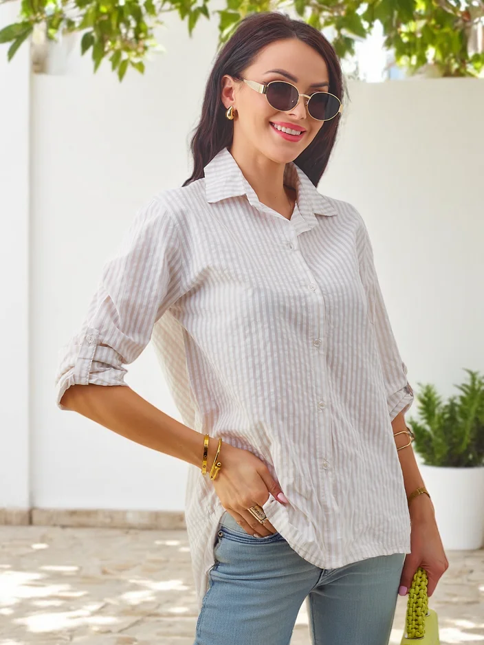 Рокля на Royalfashion Жена памучна риза с райе и връзка в долната част