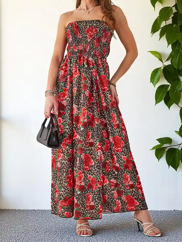 Royalfashion Шарен дамски миди рокля без ръкави с широк еластичен колан и цепки отдолу