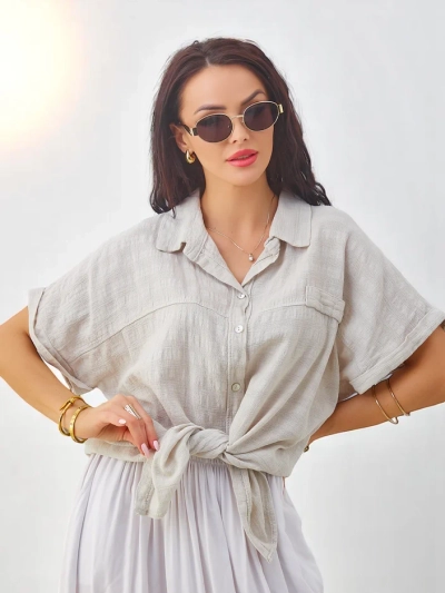 Риза от памук за жени Royalfashion с релеф и къси ръкави