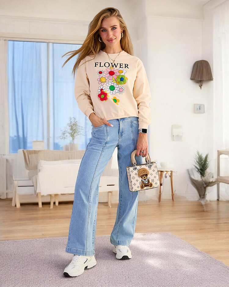 Royalfashion Дамски памучен суитшърт с тънък принт