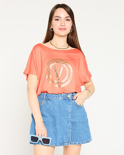 Pomarańczowy damski t-shirt ze złotym printem i cyrkoniami - Odzież