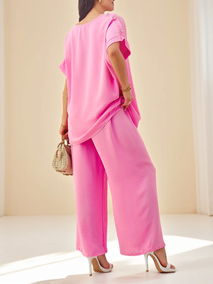 Royalfashion Дамски памучен комплект с къси ръкави и широки панталони