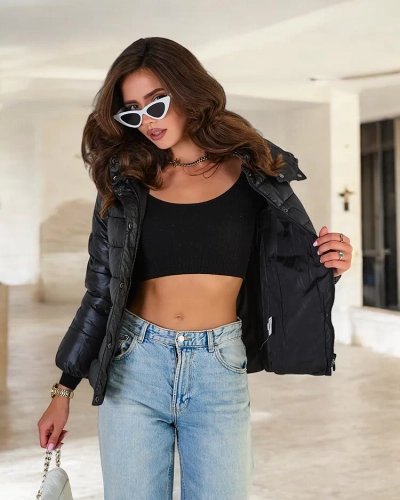 Royalfashion Черно дамско ватирано яке с качулка