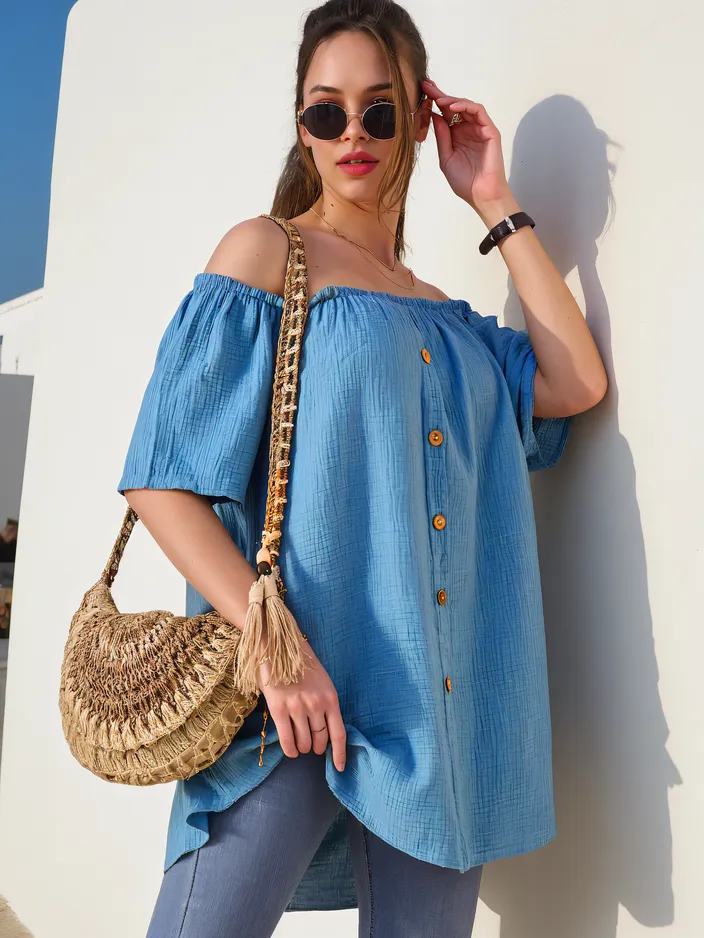 Royalfashion дамска памучна блуза в испански стил с декоративни копчета