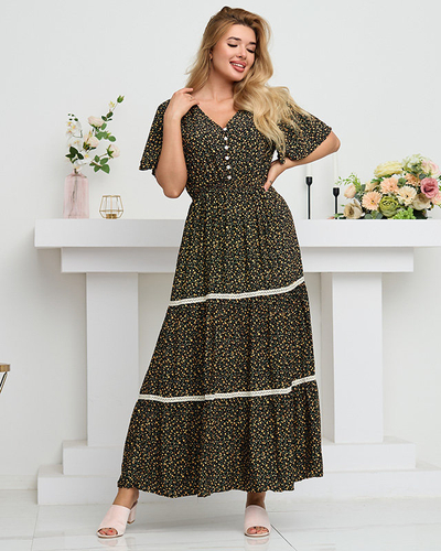 Czarna rozkloszowana damska sukienka maxi w kwiaty - Odzież