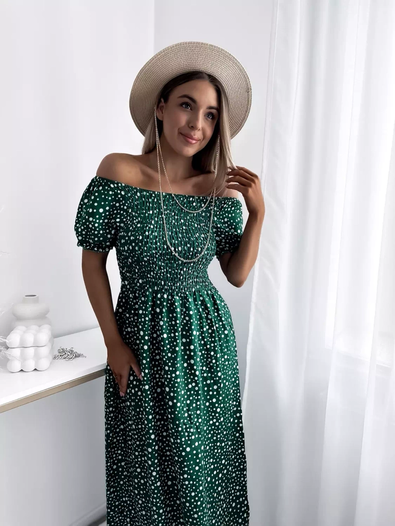 Зелена дамска макси рокля в грах- Облекло