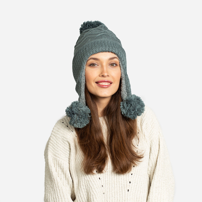 Ciemnoszara damska ocieplana czapka z pomponami - Akcesoria