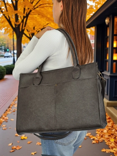 Дамска кожена чанта Etruria Classica Elegante сива 41x31x14 см