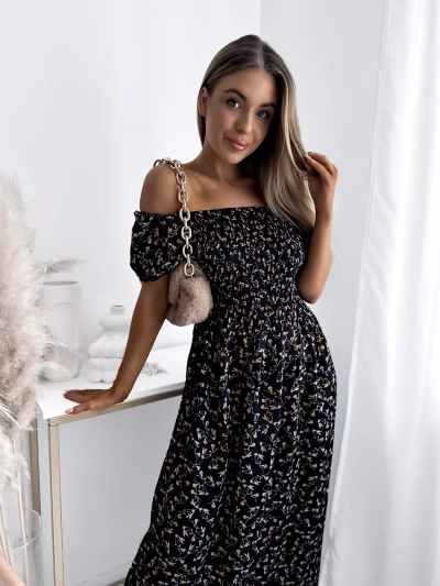 Флорална черна дамска миди рокля - Облекло