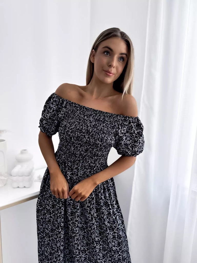 Черна дамска флорална миди рокля - Облекло