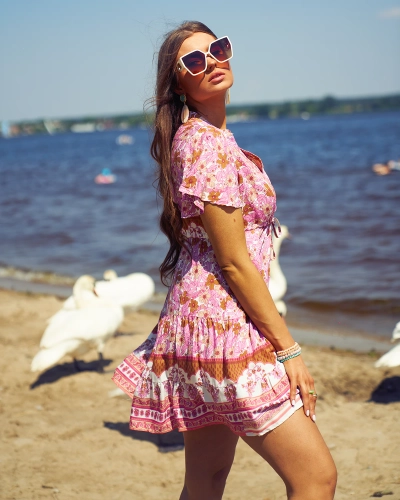 Royalfashion Лятна розова къса дамска рокля