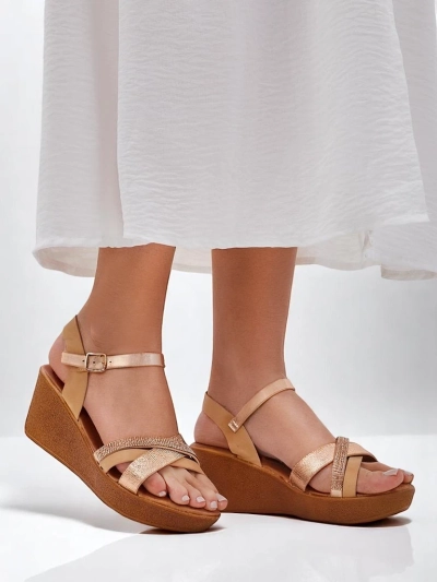 Royalfashion дамски сандали на равна платформа с камъни и брокат Glittera