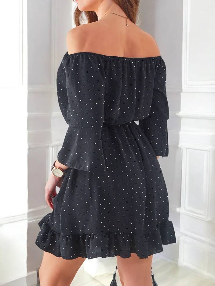 Royalfashion Женска мини рокля без рамене с дълги ръкави и камъни