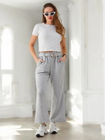 Royalfashion Широки дамски платнени панталони с декоративен колан