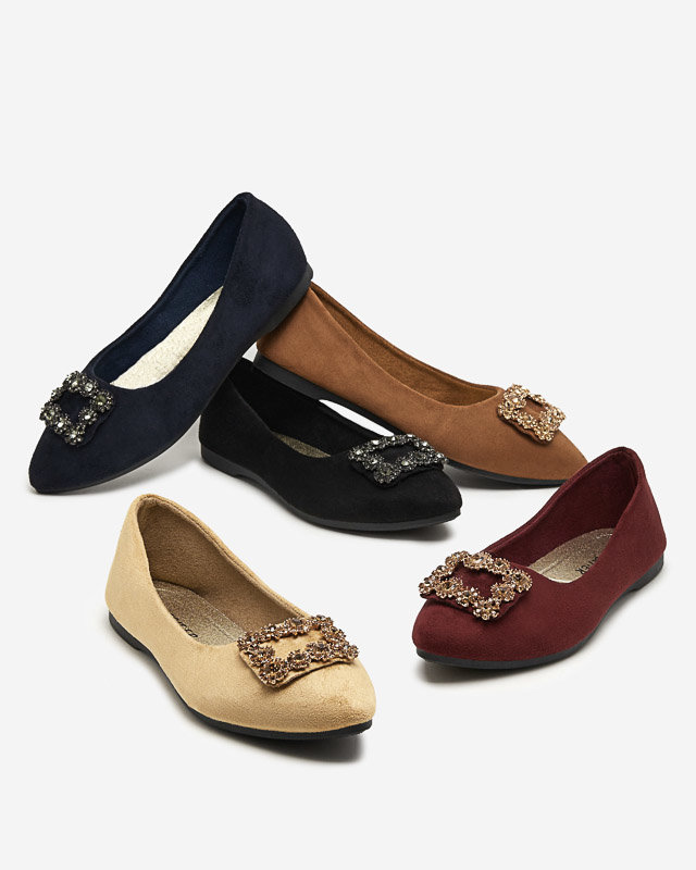 Brązowe damskie eko-zamszowe balerinki z ozdobą Linselisa - Obuwie