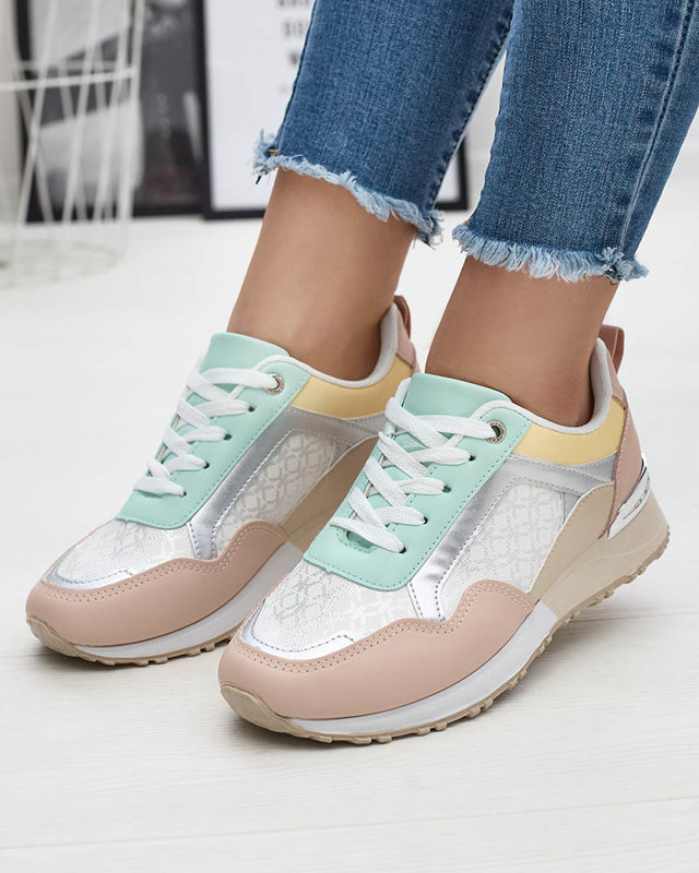 Дамски спортни обувки с дантела в бежово и розово Mnerio- Footwear