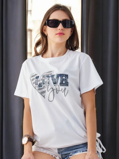 Royalfashion Дамска памучна тениска LOVE с камъчета