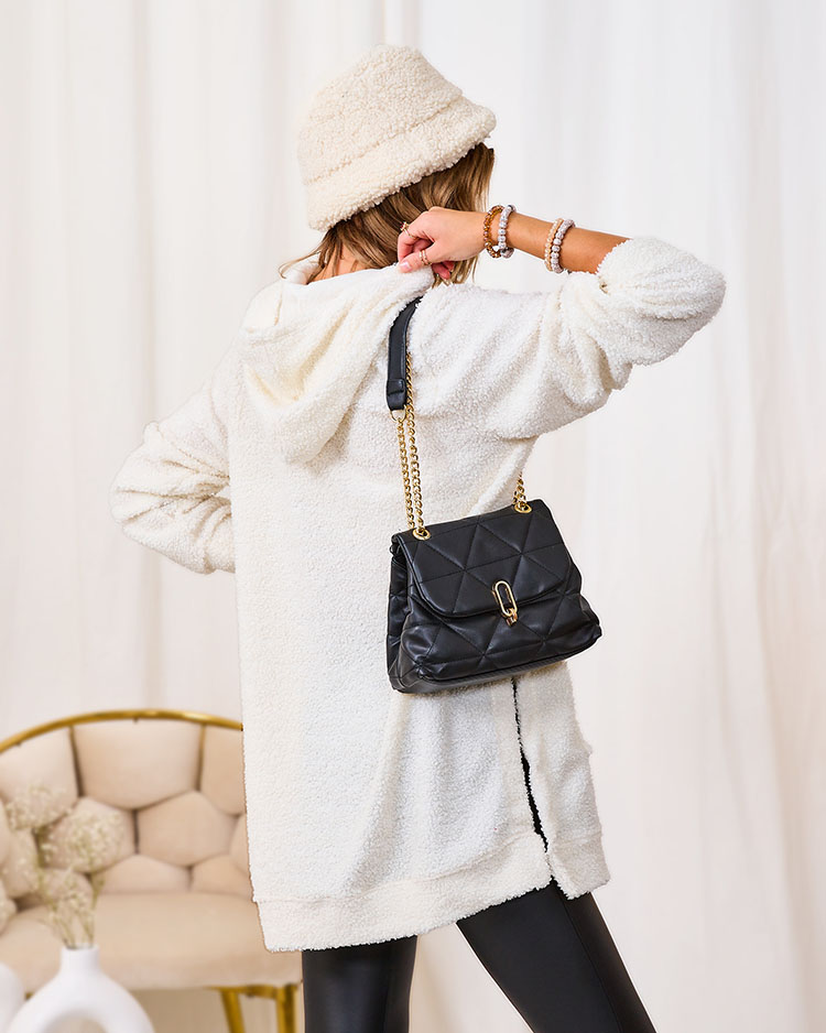 Royalfashion Кремав дълъг дамски пуловер с качулка