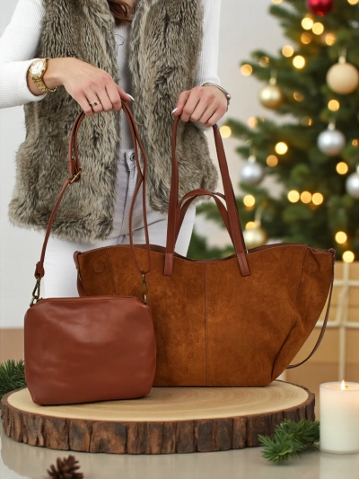 Дамска чанта shopper еко велурена с по-малка еко кожена в комплект 2в1 Elinea