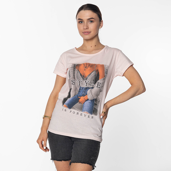 Damska różowa koszulka z nadrukiem - Odzież