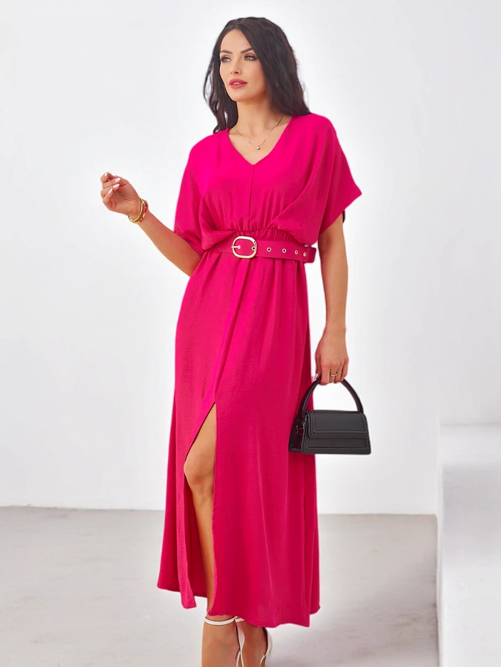 Рокля с къси ръкави за жени Royalfashion, миди, с V-образно деколте и централен разрез