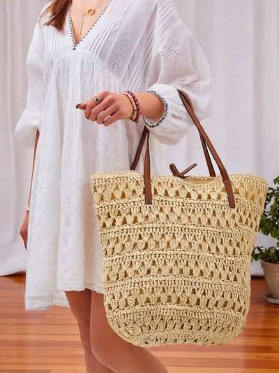 Royalfashion Голяма дамска чанта от слама - Натурален класически стил