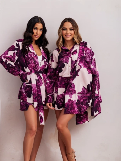 Royalfashion Дамски флорален комплект с връзваща се блезер и къси панталони