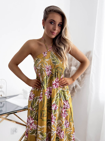 Жълта дамска миди рокля с флорален десен - Облекло