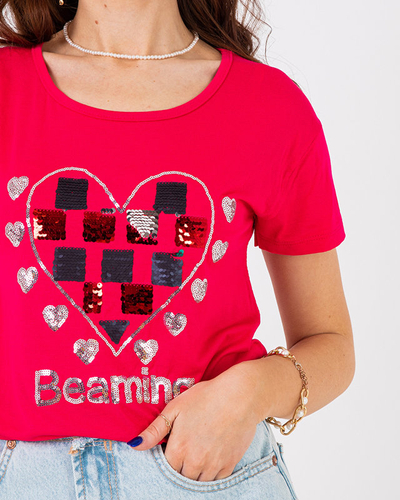 Fuksjowy damski t-shirt z printem - Odzież