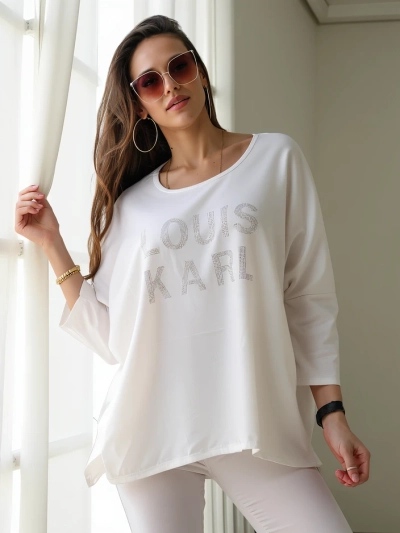 Royalfashion Жена вискозен блуза с камъни с inscriptions