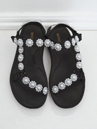 Дамски сандали Royalfashion Perseida черни на платформа с перли