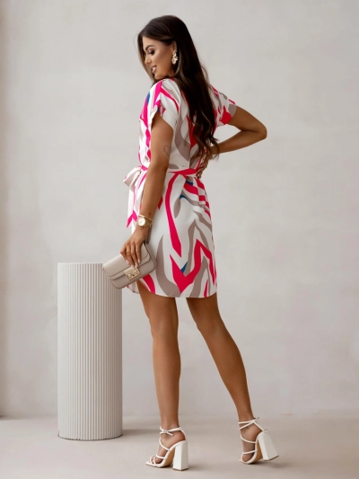 Мини рокля Royalfashion за жени с къси ръкави и колан, декориран с цветя