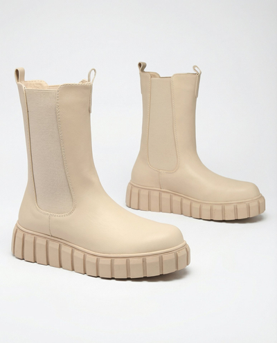 Royalfashion Дамски ботуши с висок плосък ток в екрю Elicane