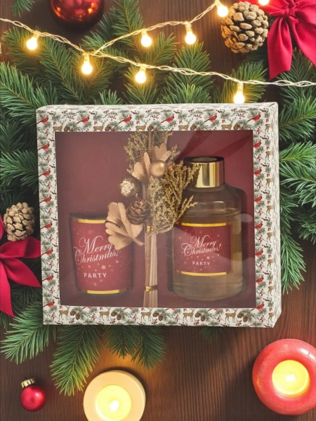 Комплект: Коледни ароматни пръчици и свещ Merry Christmas