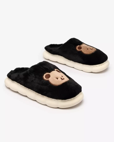 Royalfashion Черни дамски чехли от естествена кожа с плюшено мече Hettres