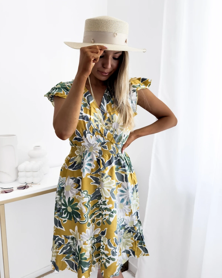 Горчица Дамска мини рокля с флорален принт - Облекло