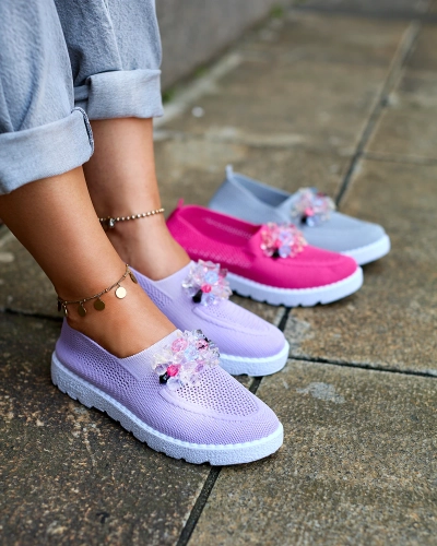 Royalfashion Лилави дамски мокасини от плат с кристали Fezens