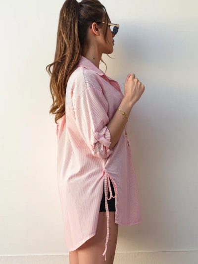 Роялфешън дълга памучна риза за жени с ивици и колан на талията