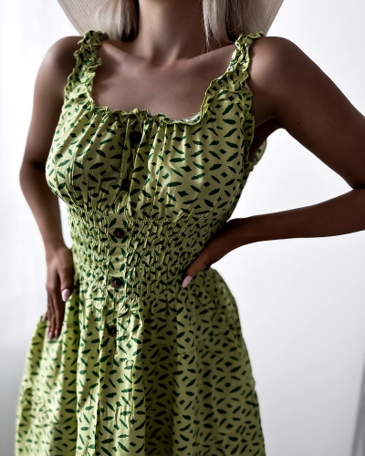 Дамска рокля с дължина до коляното и принт в зелено- Облекло