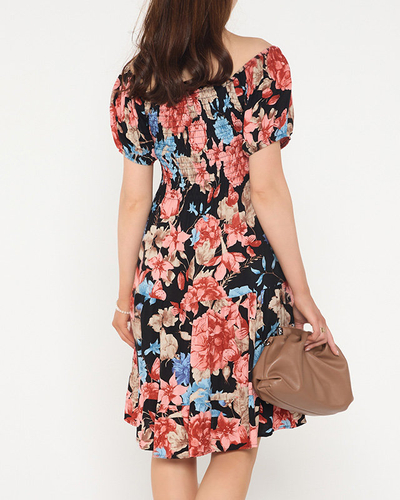 Czarna damska sukienka mini w kwiaty - Odzież