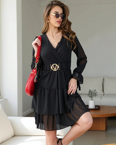 Royalfashion Женска мини рокля с ръбове и завързан врат.