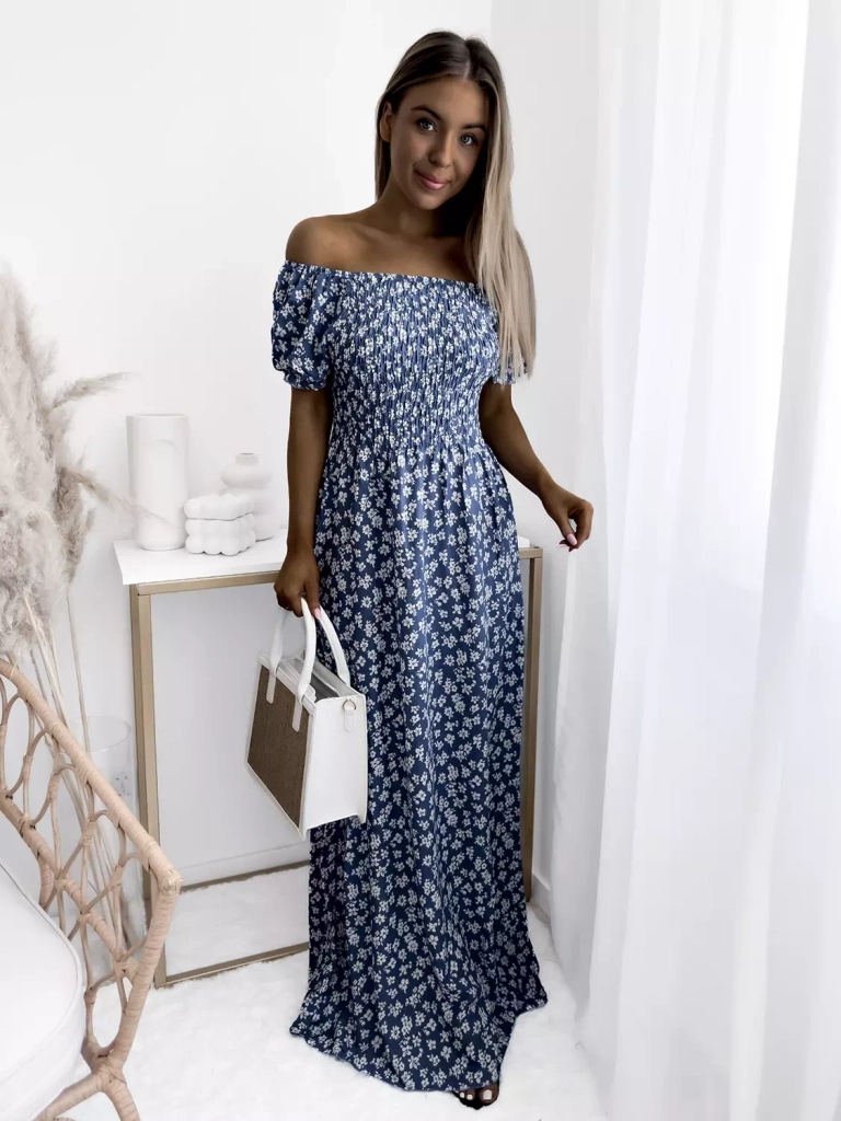 Синя дамска макси рокля с флорален десен - Облекло