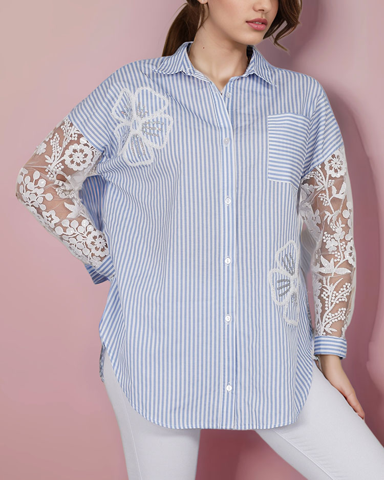 Royalfashion Дамска раирана риза с дантела