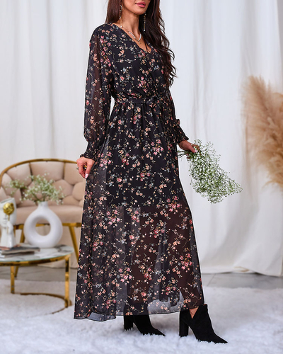 Royalfashion Черно-розова мрежеста миди рокля с принт