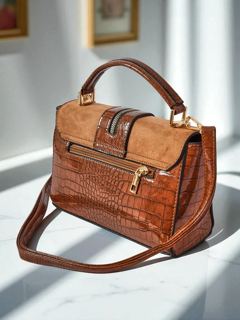 Дамска чанта Callista от еко велур и лачена кожа, кафява